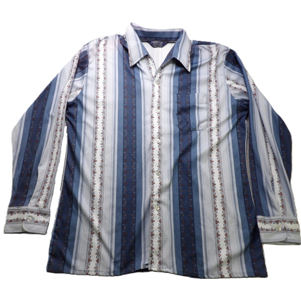 VTG Career Club 70s Disco Dagger Collar Striped Shirt Polyester Men XL Blue USA
